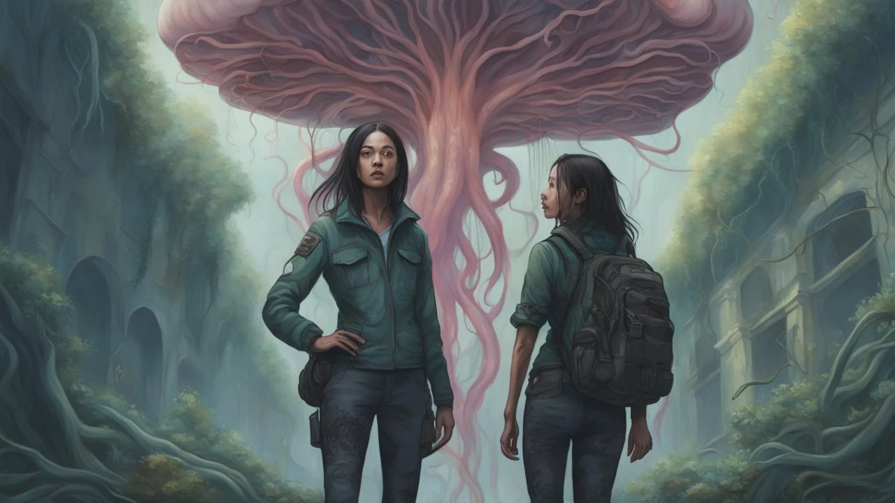 floating alien mushrooms with jellyfish tentacles, rampant foliage, vines, and Spanish moss, next to derelict buildings, a woman with black hair in a ponytail, camouflage trousers and jacket, photorealistic, Intricate Detail