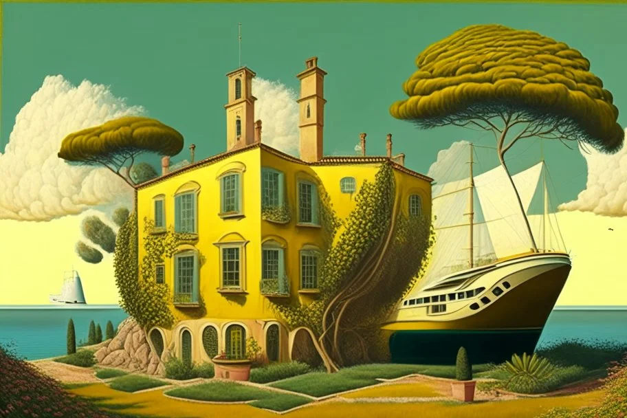 A large yacht is parked in the yard of a yellow stone house with a brown tiled roof, a large brown window and a chimney, a lush lace bush and a marijuana plantation, in the surrealist Salvador Dali style