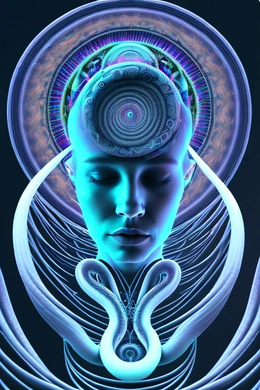 Spiritual being with Tentacles over human Head creating reality around, wrapping Spiral around people, Psychedelic