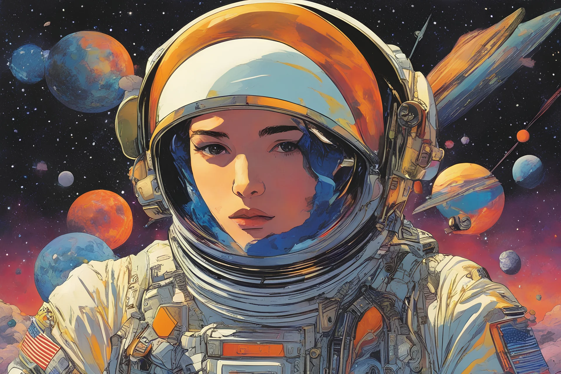 Astronaut, cosmic style, by moebius, satoshi kon and Peter Max