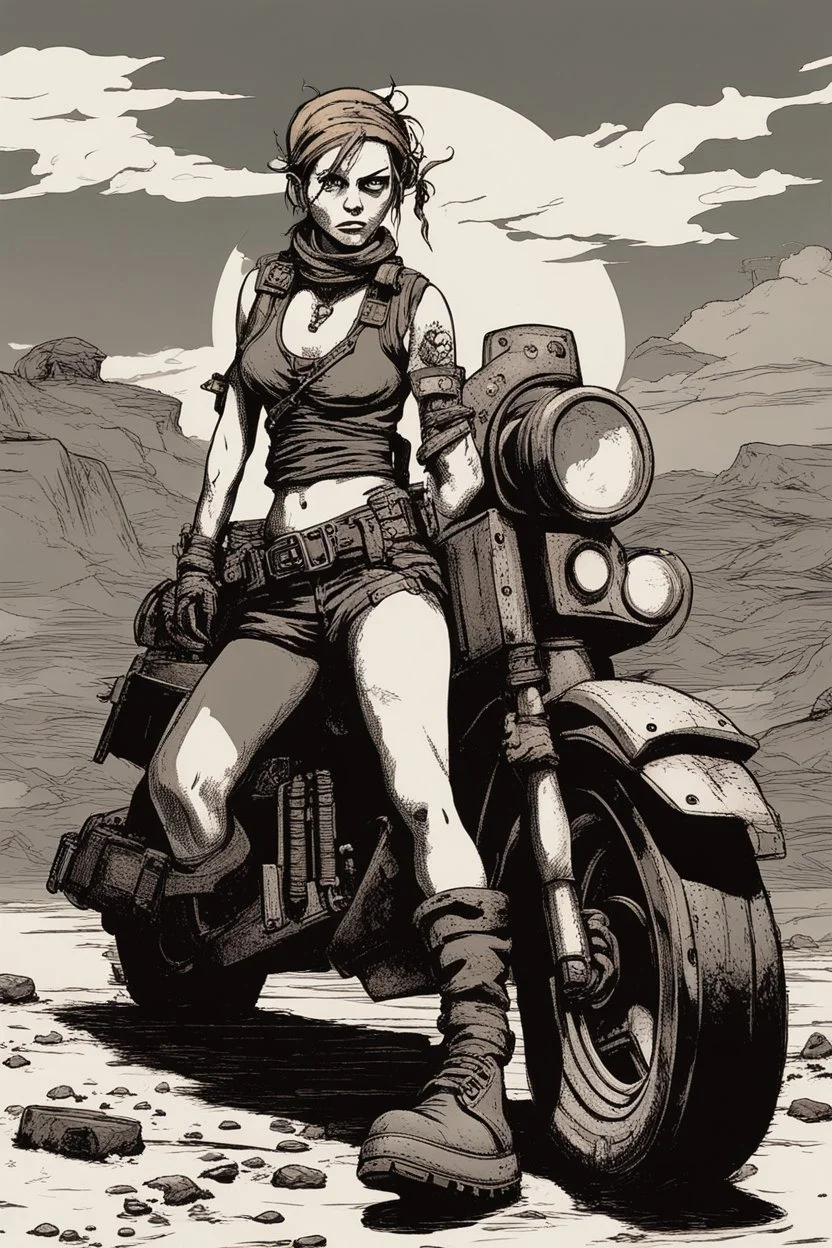 Far away, on the distant horizon where the wastelands met the sky, a small but unmistakable figure came into view. She was perched atop a hulking, makeshift vehicle, a ragtag tank that seemed to defy the very laws of mechanics. Her silhouette, framed by the dying embers of the day, was instantly recognizable. Tank Girl, a symbol of defiance and rebellion in this desolate world, rode the contraption with a wild, untamed spirit. Her hair, a shock of colorful disarray, billowed in the wind as she s