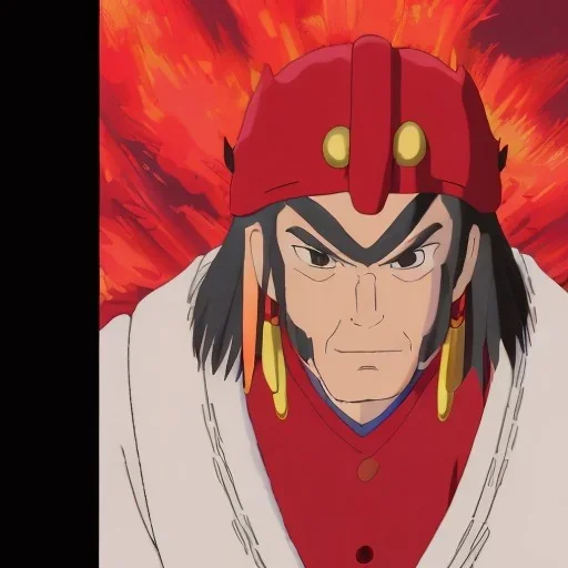 An image of an adult king, dark hair, red armor, surrounded by flames