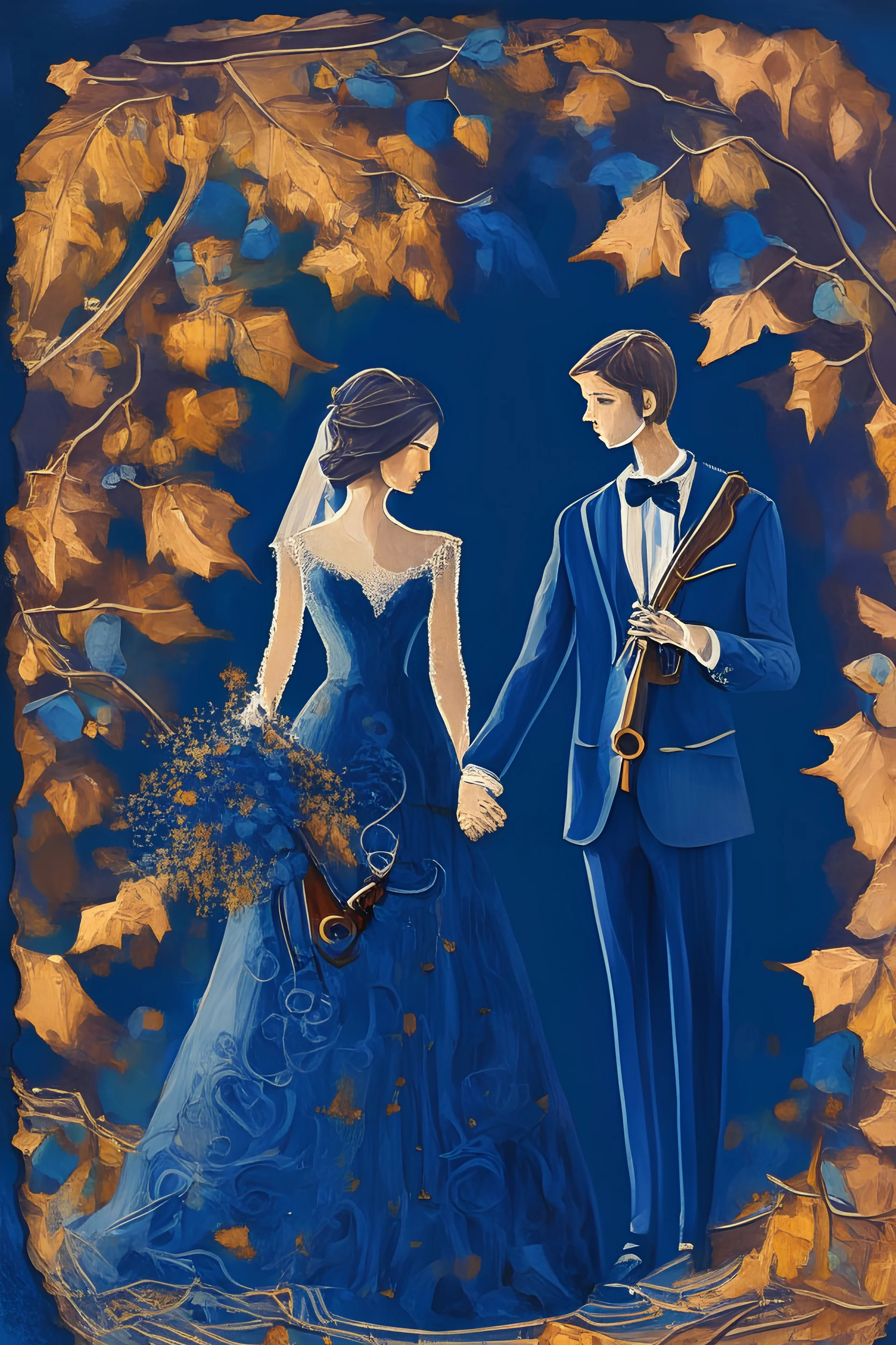 Fall wedding art of groom and bride holding hands. Fall colours background. Bride's dress is dark blue with spaghetti straps, and groom is wearing blue suit. Bride has a violin in her hand, and groom has a wrench in his hand.