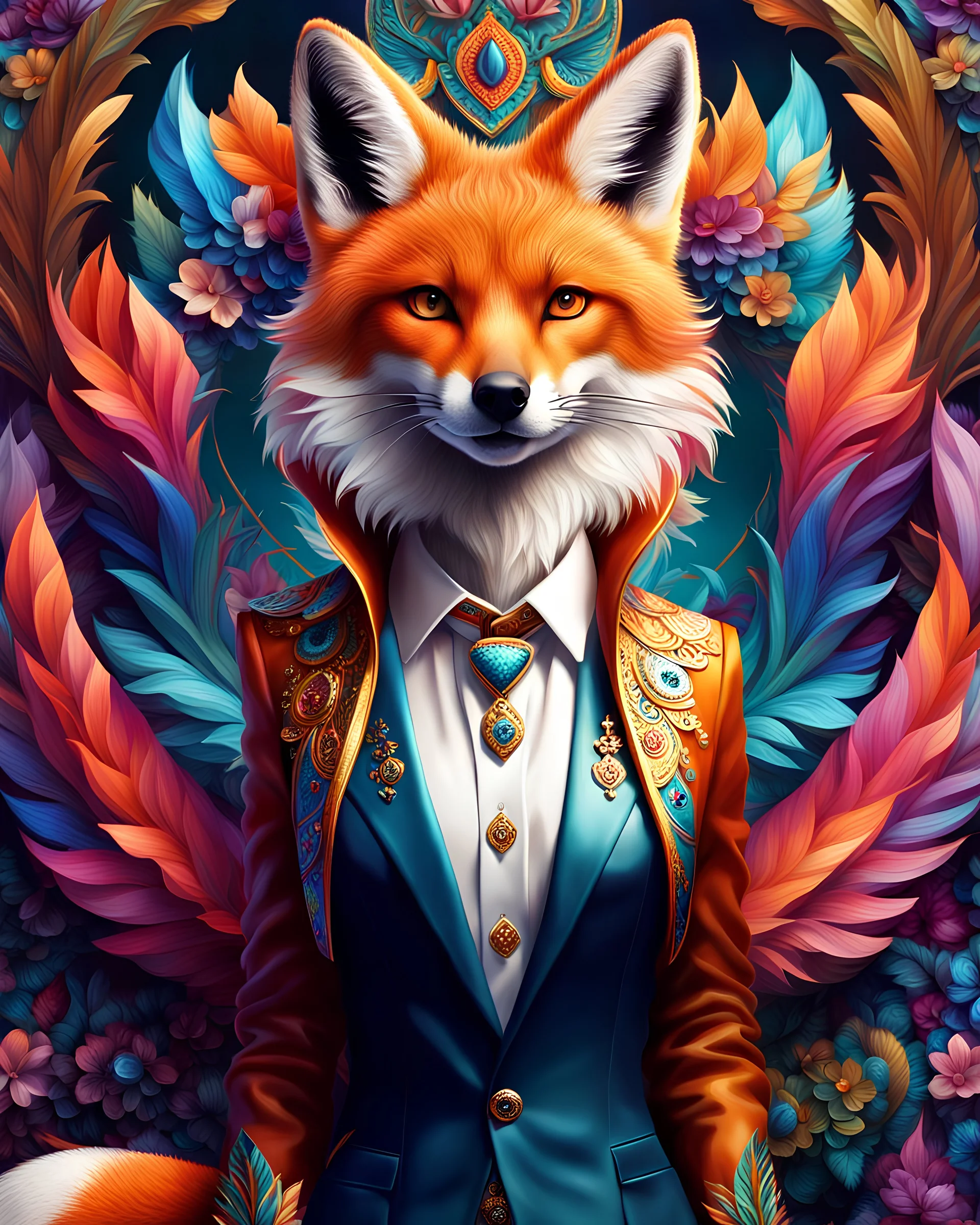 Full body Beautiful anthropomorphic Fox colorful art conceptual, amazing artwork, hyper detailed, ultra maximalist quality, 12k