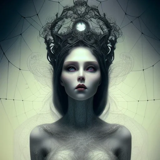 beautiful gothic woman with thick white spiderwebs on face, dark, runny mascara, 8k, high-quality, fine-detail, black hair, intricate, sharp, crisp, digital art, detailed matte, illustration, octane render, brian froud, howard lyon, Anne Dittman, Anne Stokes, Lisa Parker, Selina French