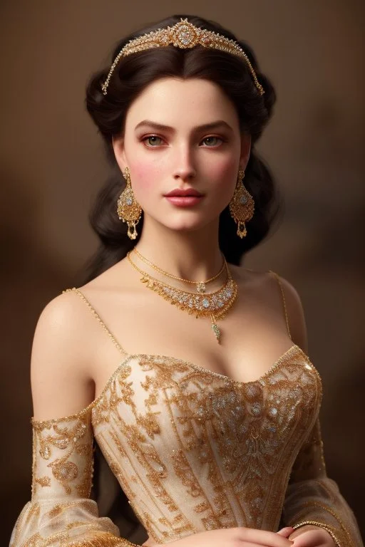 beautiful and gorgerous duchess with incredible jewellery in 19th century clothing by Greg Rutkowski and Artgerm and Emile Vernon and Vladimir Volegov, in a brown dress, mystical castle background, art illustration, natural beauty, muted colors, pastels, perfect fingers, higly detailed, expressive, high detail, symmetrical, digital painting, symmetrical eyes, dynamic lighting, artstation, cinematic lighting, intricate artwork, emitting diodes, smoke, artillery, sparks, racks, system unit, mother