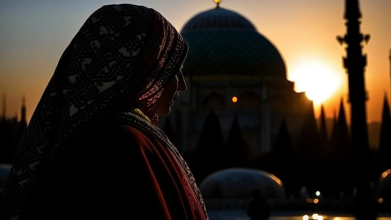 A Palestinian woman wearing an embroidered dress with the Dome of the Rock in front of her during sunset in winter.