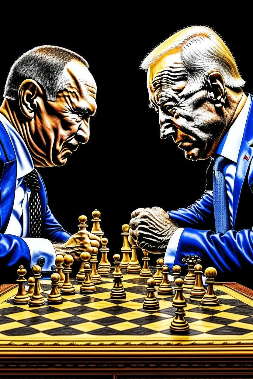 Vladimir Poutine playing chess against Joe Biden in hell, with The devil as referee