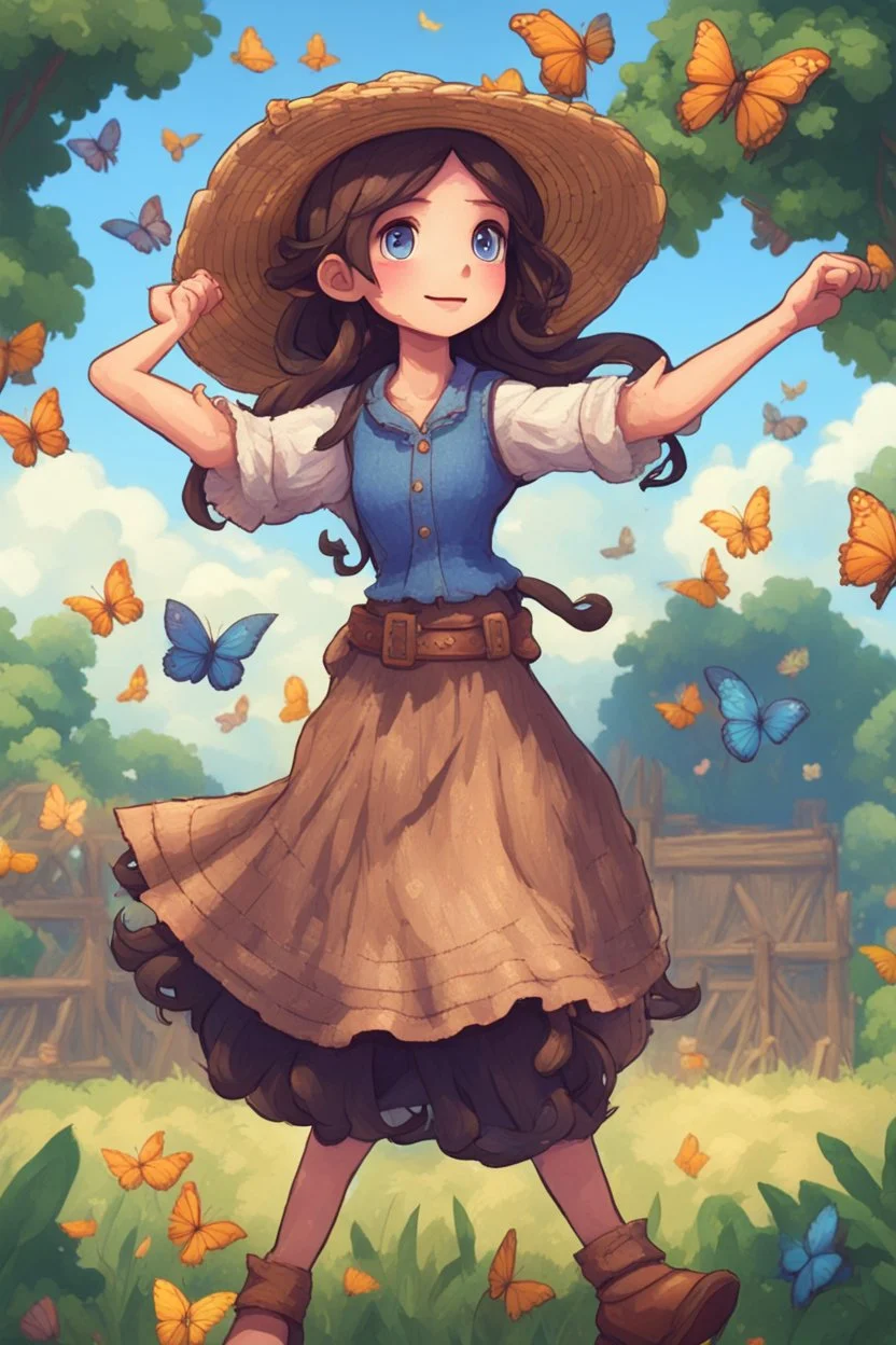 A girl with long dark brown hair, with a straw hat on her head, blue eyes, dressed in farm clothes dancing with butterflies, stardew, valley style
