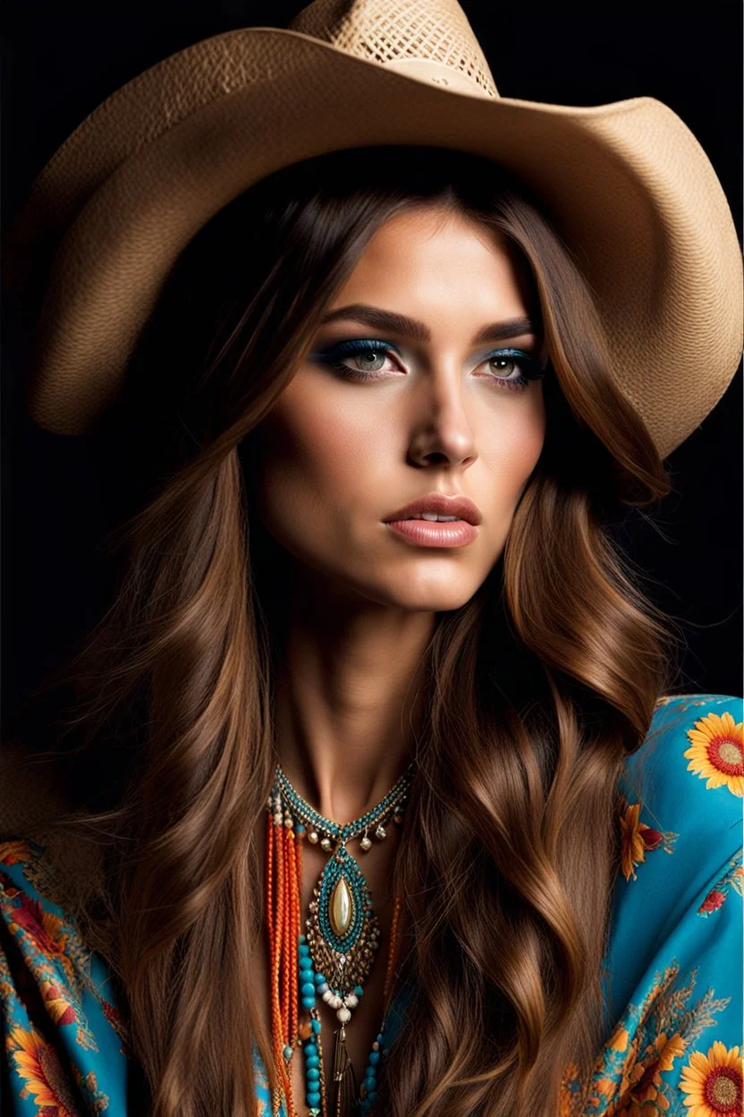 high fashion magazine, studio photography, portrait of a hippie cowgirl, young spanish beauty model, longer hair, beautiful face, beautiful skin advertising