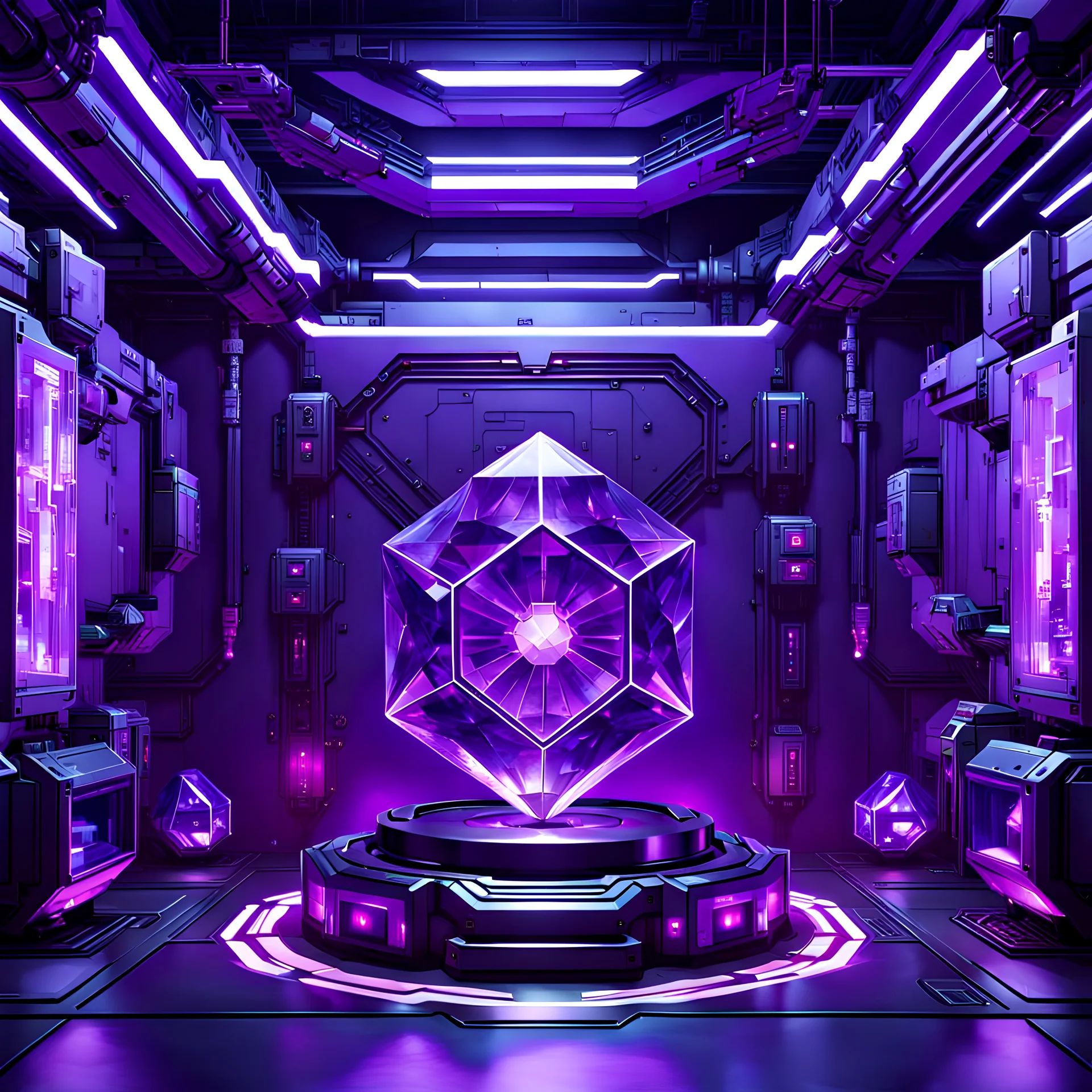 cyberpunk purple crystal energy supply room, large purple crystal in the center, minimal, clean layout