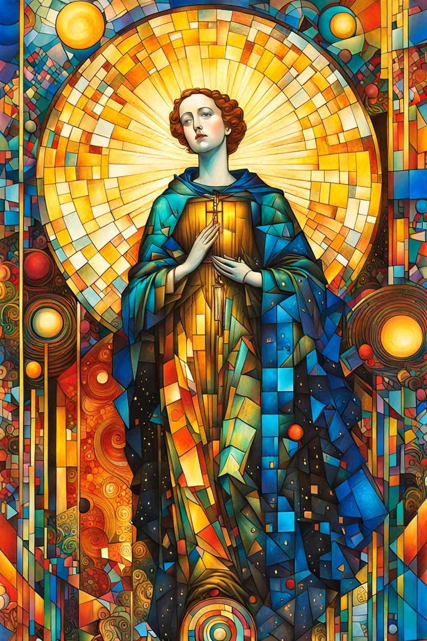 Create chaotic abstract cubist full body religious triptych depicting martyred Saint Justina of Padua, with highly detailed facial features, in the style of Bill Sienkiewicz, Philippe Druillet, Gustav Klimt, and Jean Giraud Moebius, precisely drawn, colored and inked