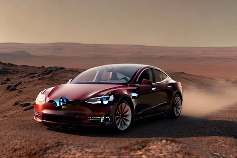 A Tesla 'Model S' is drifting at high speeds, at the Cydonia region on Mars. (CINEMATIC, WIDE ANGLE LENS, PHOTO REAL)