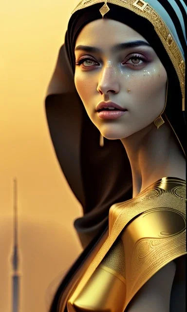 Arab young woman ,Arabic features، cute, beautiful, black eyes,A tuft of hair on the face,Modest Arabic style dress، head and shoulders portrait, cinematic, 8k, resolution concept art portrait by Greg Rutkowski, Artgerm, WLOP, Alphonse Mucha dynamic lighting hyperdetailed intricately detailed