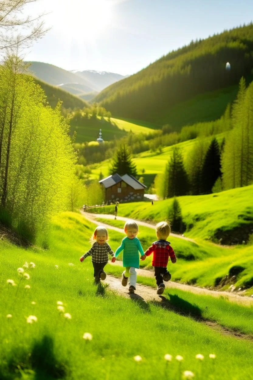 Spring in skåbu, sun, children walking in mountains