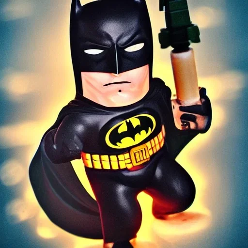 BATMAN WITH GLOWING EYES HOLDING A PISTOL.