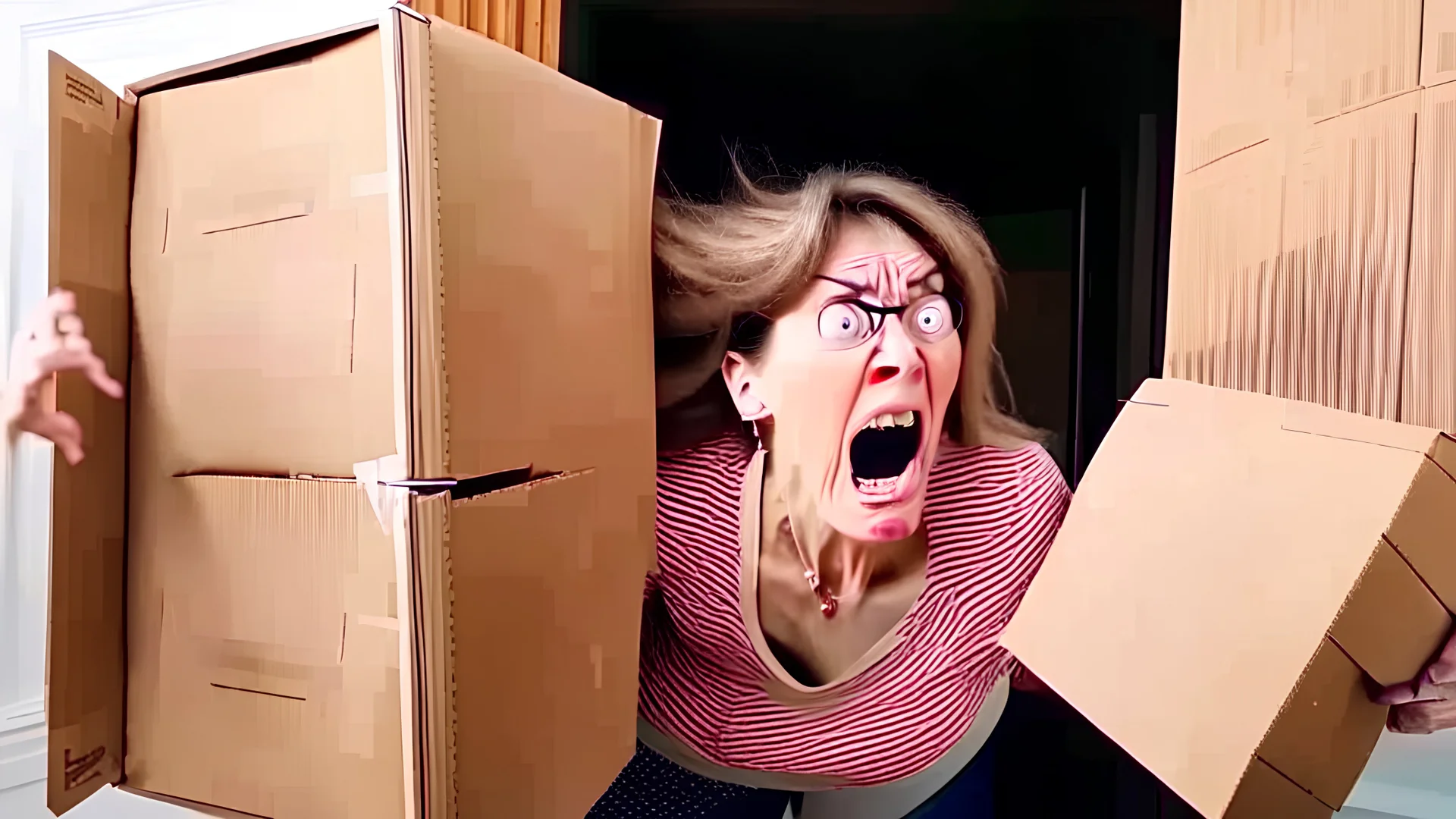 woman starts frantically tearing apart large door sized box scaring her husband