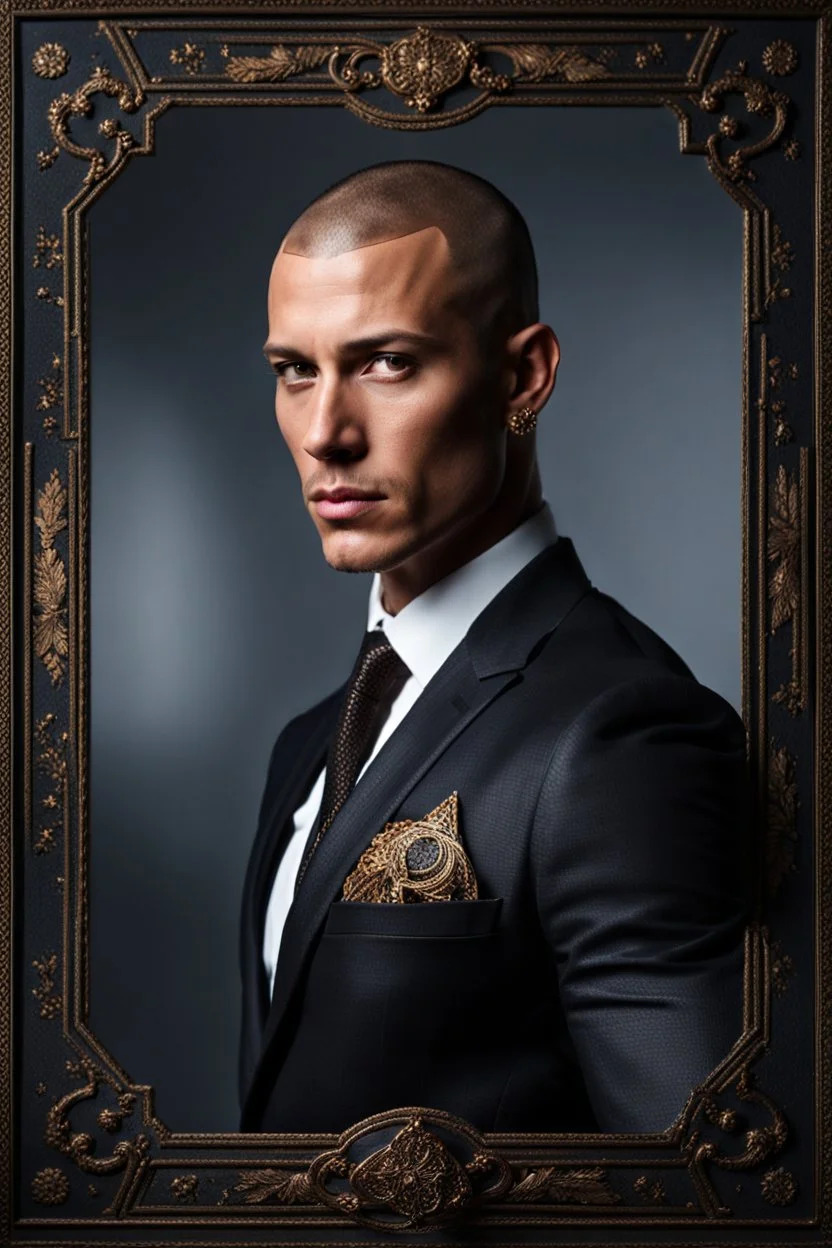 portrait of a 35 year old Handsome muscular male with light bronze skin adorned with tattoos. buzz cut hair. wearing an expensive suit. photorealistic