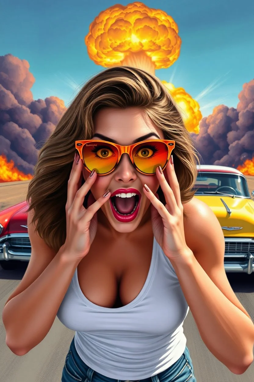 an young woman leaning forward(cropped tightly from between nose and stomach, white top with wide neck opening, cleavage, hands at face with surprised expression, home alone scream, wavy hair, large cheep colorful sunglasses, gloss lips), nuclear explosion and classic Cars in background, greaser, digital painted illustration