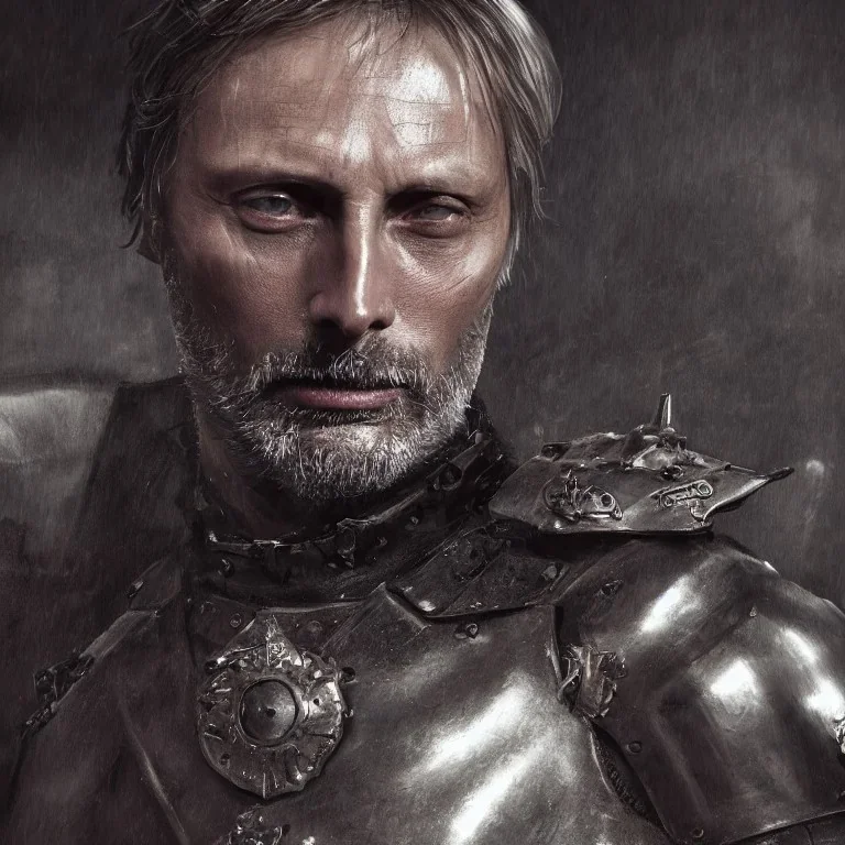 old Mads Mikkelsen in armor by greg rutkowskiб close up film photo, unreal engine, octane render, trending on artstation, highly detailed, studio lighting, professional, professional ominous concept art, by artgerm and greg rutkowski, an intricate, elegant, highly detailed digital painting, concept art, smooth, sharp focus, illustration, in the style of simon stalenhag, wayne barlowe, and igor kieryluk.