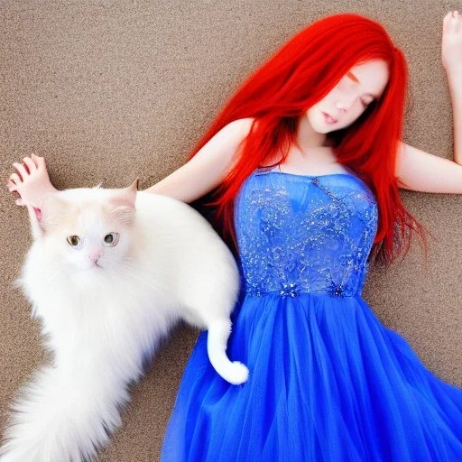 beautiful sourcer, girl, portrait, dressed in a transparent intricate blue dress, leaves in the hair, red hair, faily tail, resting with a white cute cat, high definition, dramatic scenery