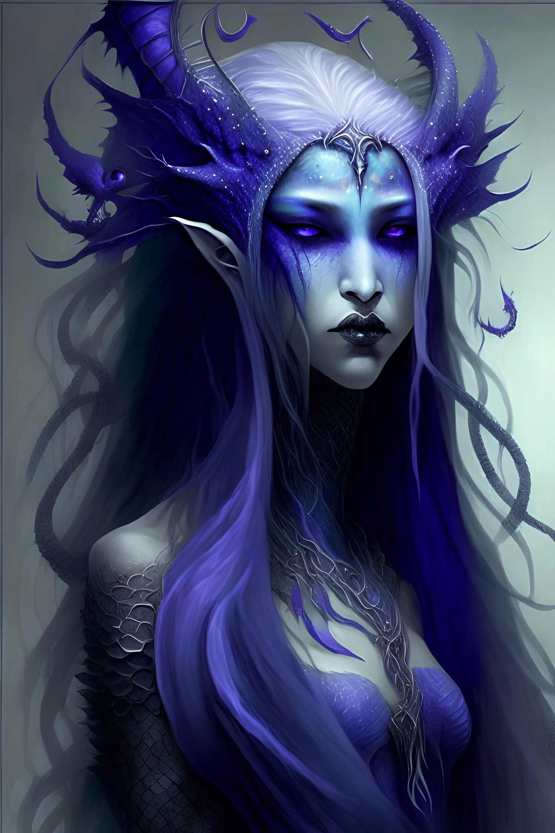 Imaginary creature, a female queen, I have no legs, she has a blue ray tail. And long purple hair. And the skin of gray scales. A jewel in the middle of her forehead, she has only three fingers and sharp claws