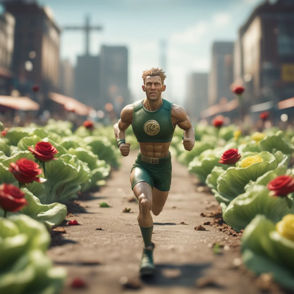 100 m championship running on lettuce cabbage and roses, in the style of a fallout 4,bokeh like f/0.8, tilt-shift lens 8k, high detail, smooth render, down-light, unreal engine, prize winning