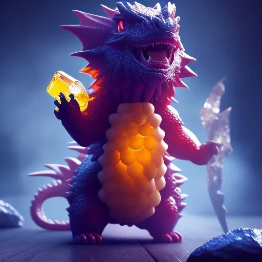 gummy bear fighting a dragon, Photograph, beautiful, Unreal Engine 5, lens macro, realistic, hyper detailed