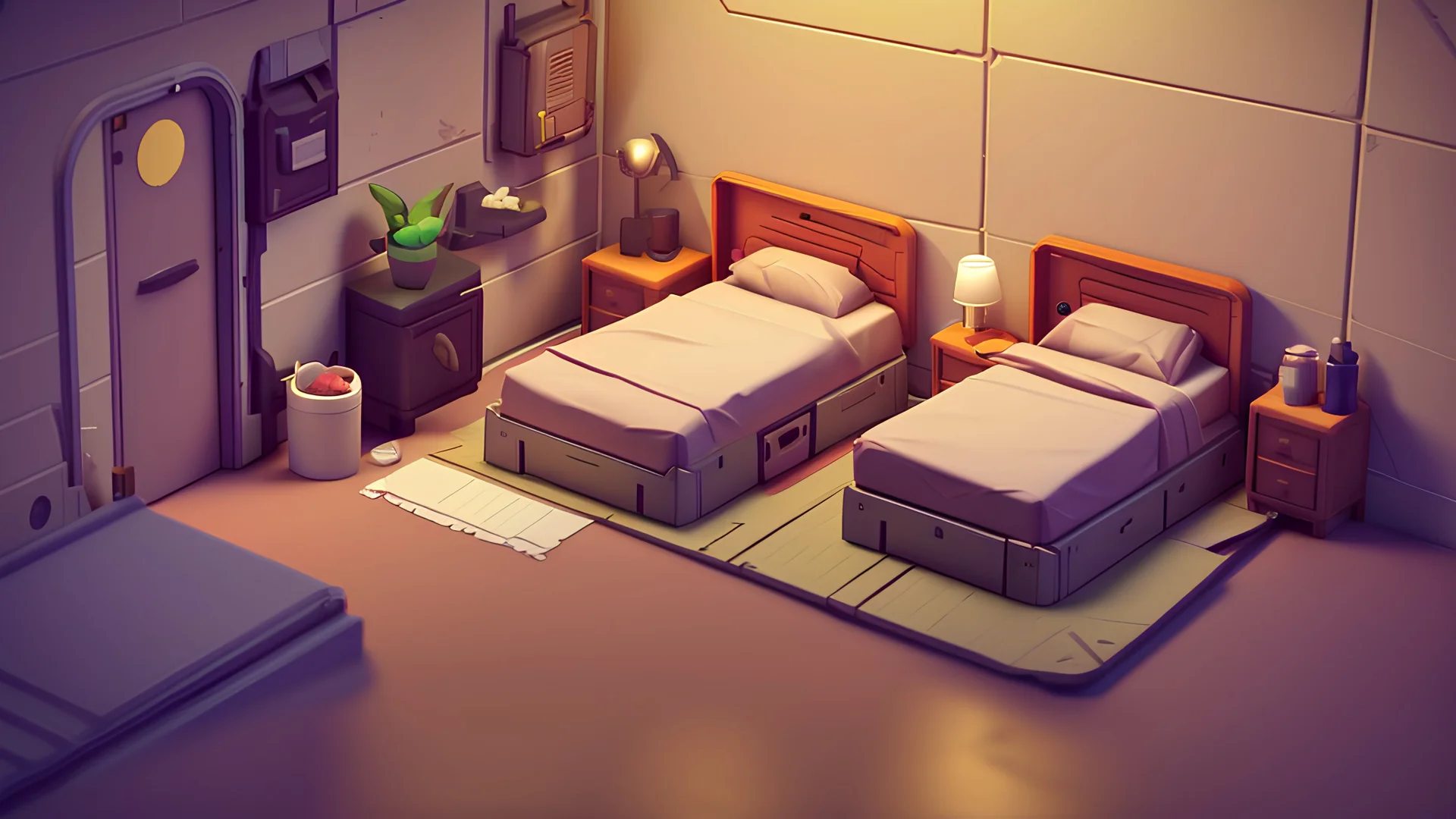 Tiny cute isometric bedroom in a cutaway box, borderlands game style, soft smooth lighting, soft colors, 100mm lens, 3d blender render