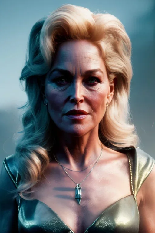 younger sharon stone as evil queen in leather, busty, cleavage, angry, stern look, unreal 5, octane render,cinema4d, dynamic lighting, dramatic lighting, 4k, redshift render, highly detailed, hyper realistic