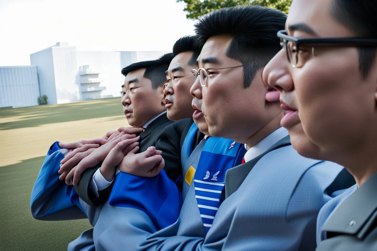 Kim Jong-un: Leader of North Korea, continuing his family's dictatorial regime, involved in global controversies due to the nuclear program., Shot with Canon EOS R5, 50mm lens, depth of field, shutter speed 1/1000, f/2.8, white balance, 6000k. High resolution, realistic detail, HDR effect, film grain, 4K –ar 16:10 –s 700 –q 5**