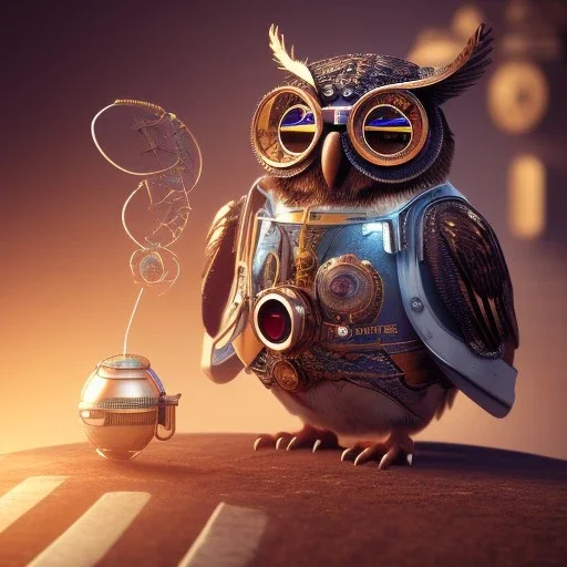 Steampunk Owl, extreme detail, Photorealism, macro lens 70mm,bokeh, cinema4d, HDR, 8k, unreal engine 5