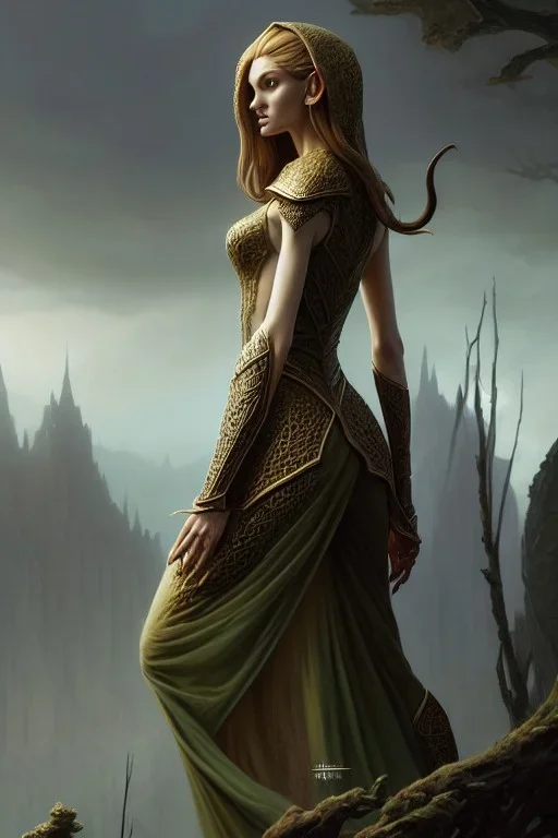 painting of a tall elven young woman with short light brune hair and freckles on the cheak bones and tall body of a topmodel light clothes, long shot, ultra realistic, concept art, intricate details, eerie, highly detailed, photorealistic, octane render, 8 k, unreal engine. art by artgerm and greg rutkowski and charlie bowater and magali villeneuve and alphonse mucha