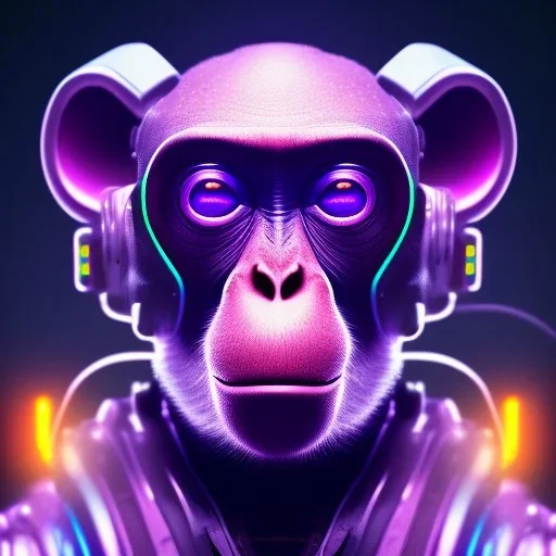 A beautiful portrait of a cyborg monkey purple neon color scheme, high key lighting, volumetric light high details psychedelic background