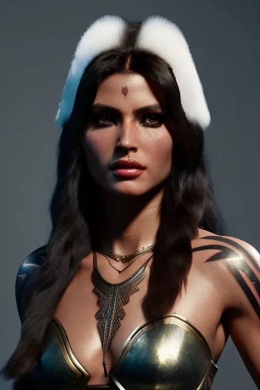 Barbarian character, animal hide armor, physically fit, tribal tattoos, washboard abs, dark eyeshadow, intricate eyeliner, soft round eyes, beads in hair, 8k resolution, cinematic smooth, intricate details, vibrant colors, realistic details, masterpiece, oil on canvas