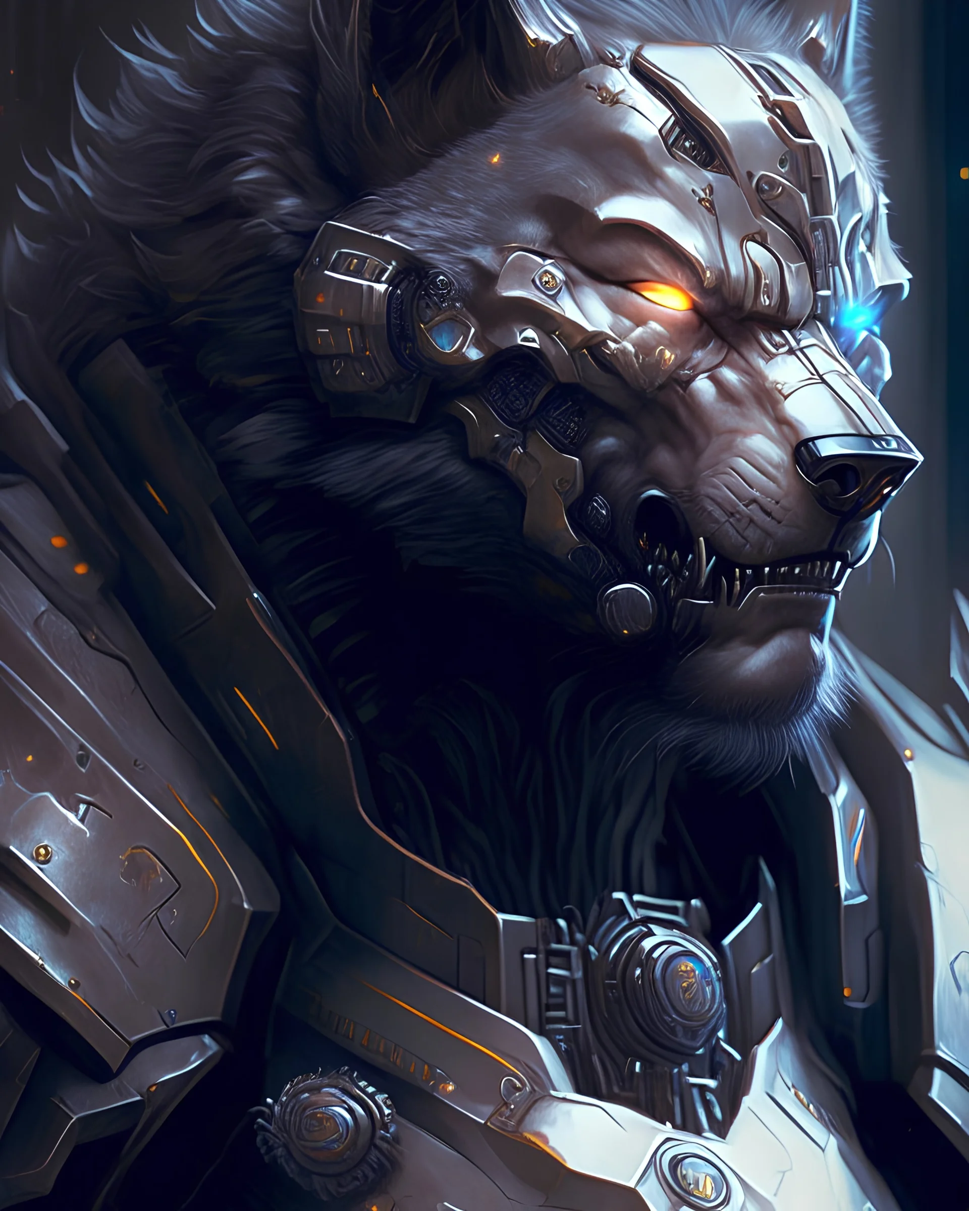 Portrait painting of a cybernetic grey werewolf with power armor, ultra realistic, concept art, intricate details, eerie, highly detailed, photorealistic, octane render, 8 k, unreal engine. art by artgerm and greg rutkowski and alphonse mucha