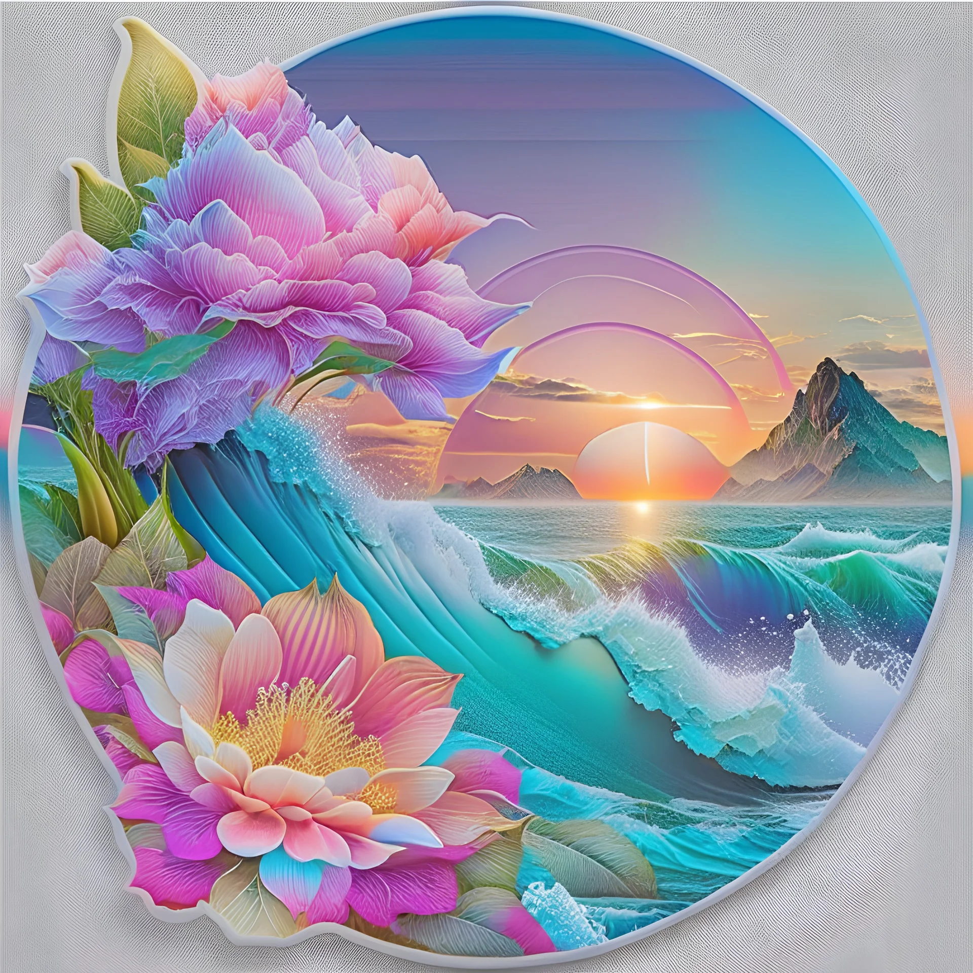 seamless sticker, artwork of surf t shirt graphic of majestic lotus flower and palm tree in digital painting style, beautiful flowers, sunrise mountains and clouds , big sea waves, water splashes, white background, colorful fantasy flower sorround, highly detailed clean, vector image, photorealistic masterpiece,