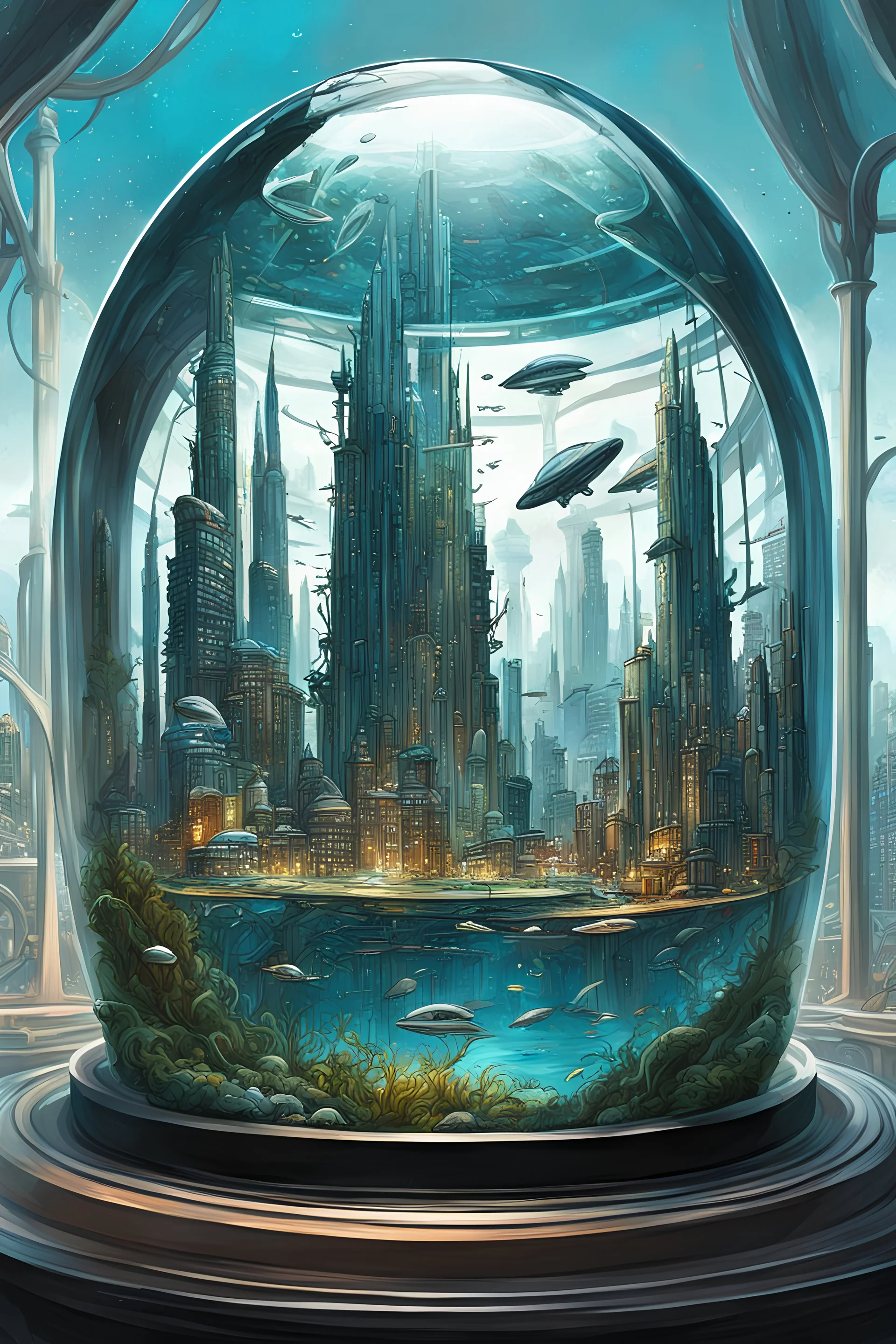 A painting of a futuristic city in a glass dome under the ocean, with kelp, detailed, high quality, matte painting, bold lines, brushstrokes