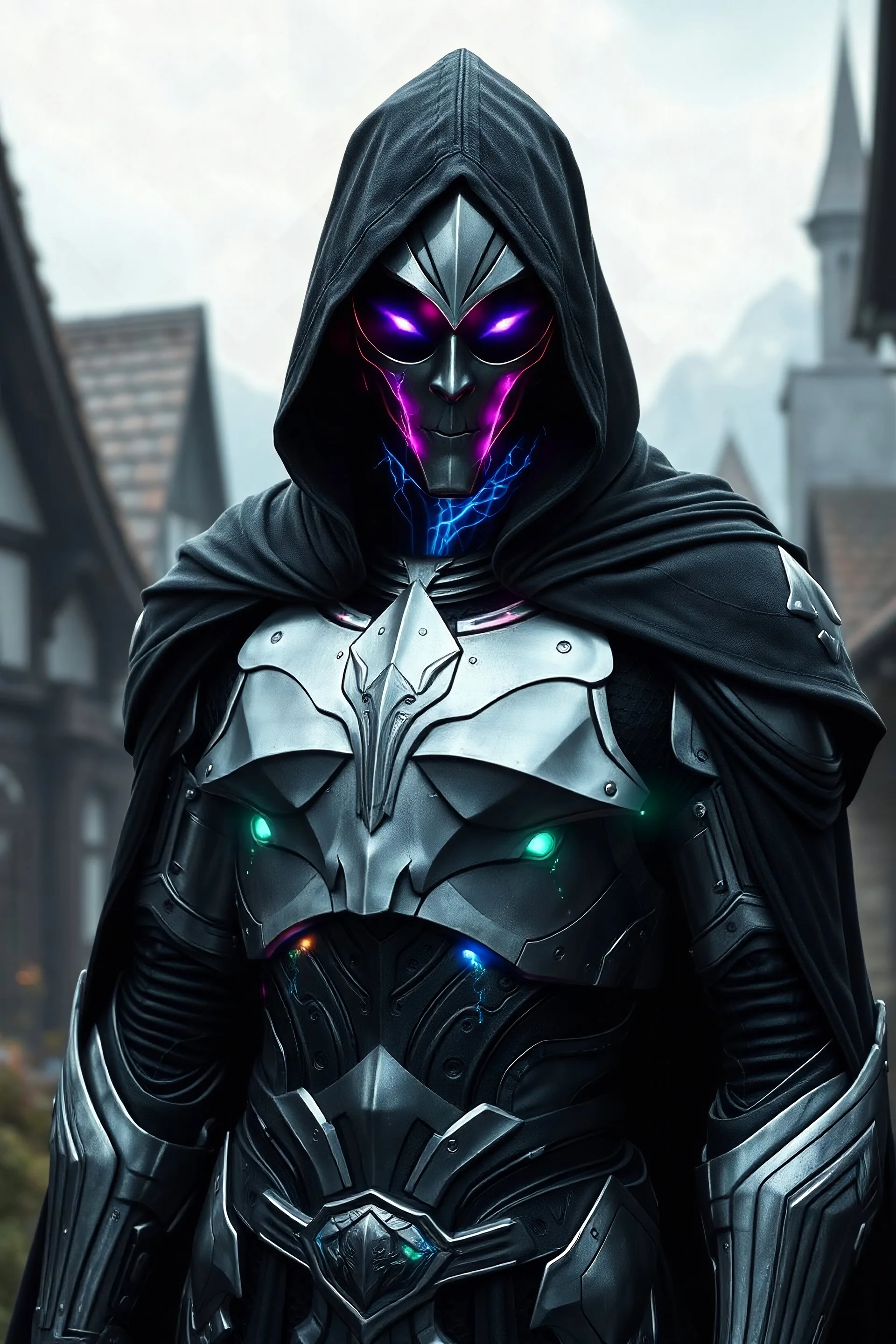 Cyborg that looks like a suit of gothic style medieval armor, silver in color, wearing a long black hooded robe. Make the hood up with the robe billowing in the wind, set in a fantasy village setting. make clear gaps between the armor with veins of magical energy visible in the eyes and throughout the body. make the veins shift through the color spectrum