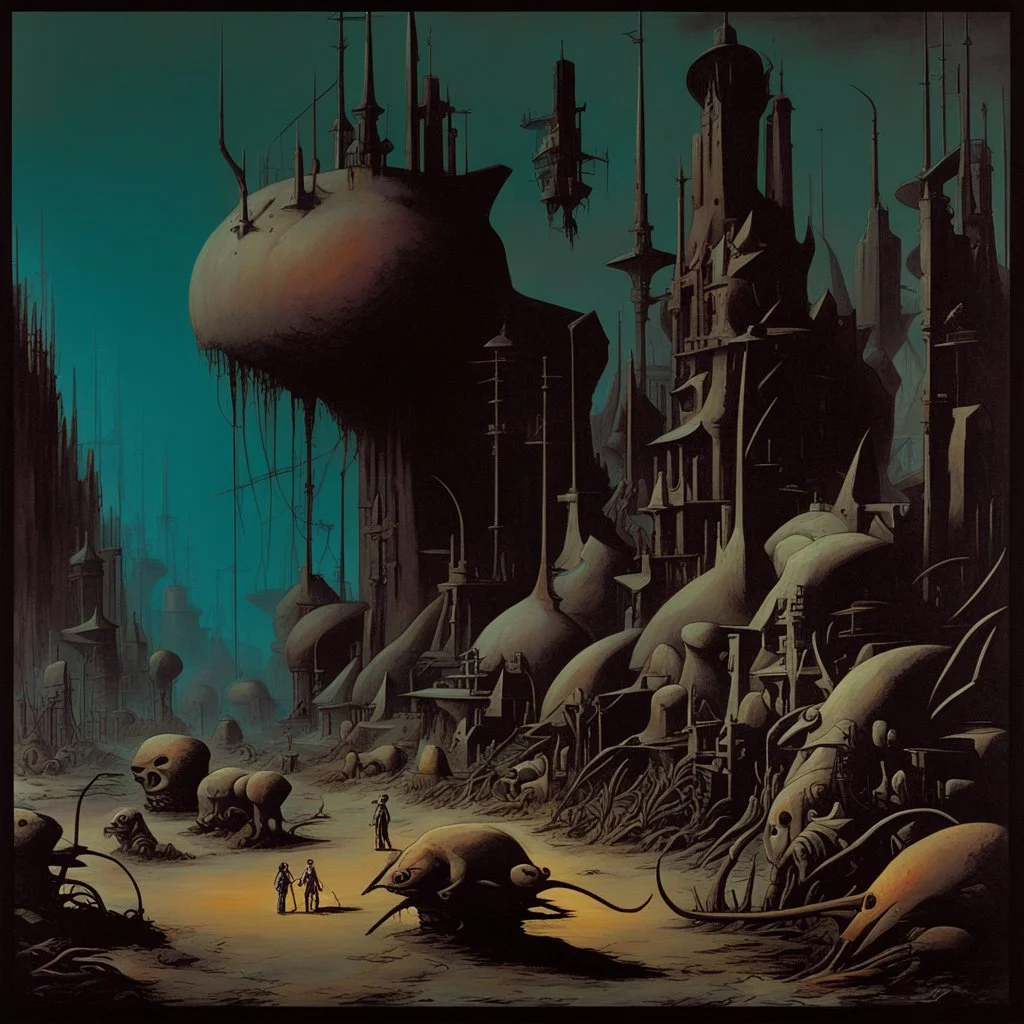 "Skinny Puppy" album cover, spirit Ogre wane bloat tell seven key, by Yves Tanguy, by Philippe Druillett, by Syd Mead, weird-core landscape, animal right activist social critique, sharp strong lines, sharp ominous colors, scary bright hues, macabre illusions peaking from a dark industrial background, volumetric lighting