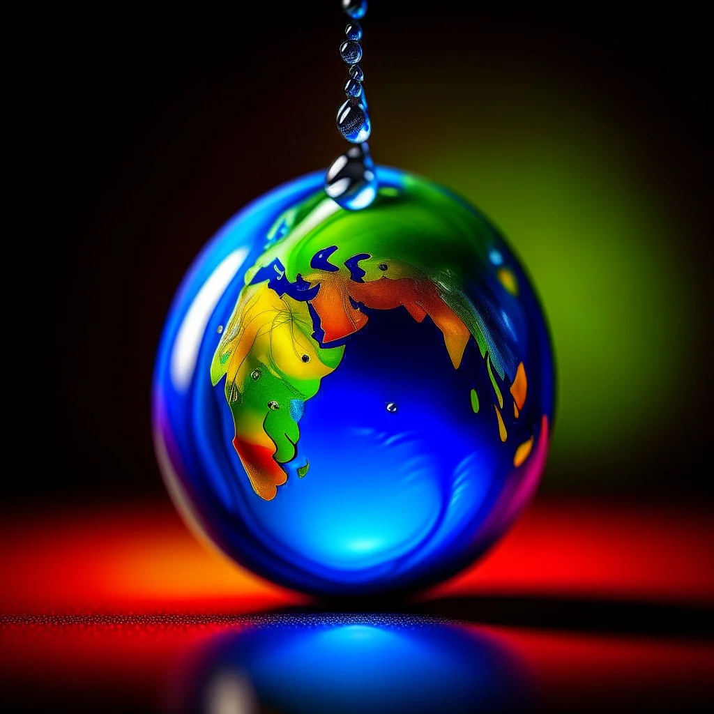 Earth inside a water drop, vibrant colours, volumetric light