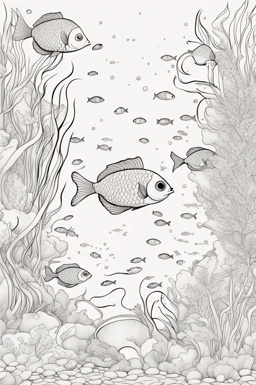 modern cartoon drawing style high contrast coloring page for stress relief, A whimsical underwater scene with colorful fish and gently swaying aquatic plants, thick outline, no details, no colors