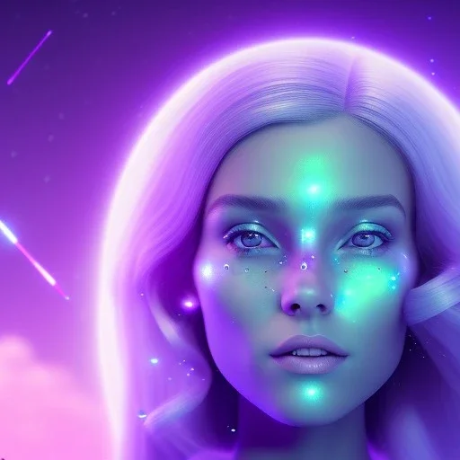 A portrait of a transparent crystalline girl,smiling, longs blond hairs, green eyes, galactic dress, atmospheric, realistic, cinematic lighting, octane render, purple and blue sky, nebula, stars, planets in background, spaceship in background