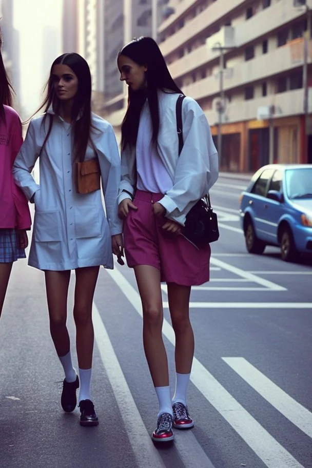 Young women walking down a central street of a city wearing second-hand clothes #eslarevolucióndelassecondhand, modern pop style