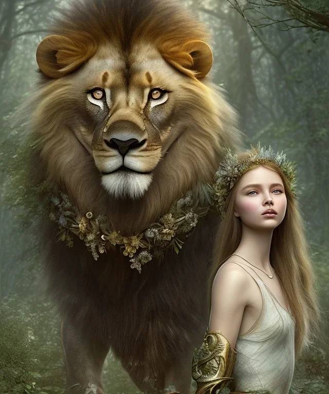 Young beautiful girl wearing floral crown standing next to a majestic, stunning lion on nature forest path, Chronicles of Narnia, 8k resolution, high-quality, fine-detail, iridescent, intricate, digital art, detailed matte, volumetric lighting, beautiful, illustration, 3D octane render, brian froud, howard lyon, selina french, anna dittmann, annie stokes, lisa parker, greg rutowski,