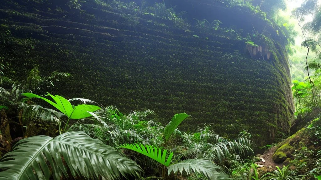 flat wall of rock in the jungle at the foot of the mountain