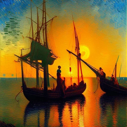 Portrait in oil of old fishermen , sunset, fantasy 8k by Van Gogh