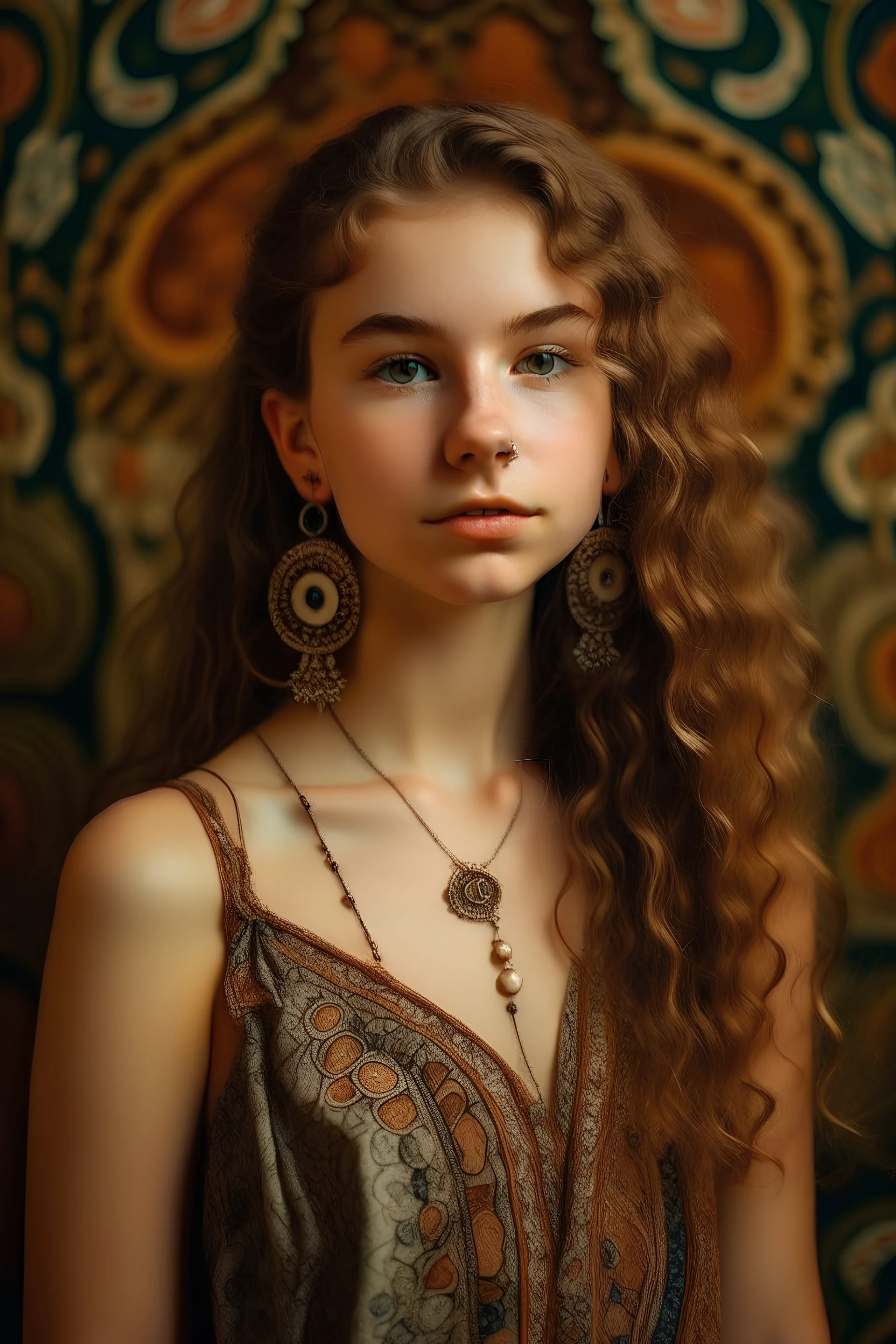 girl, carved earrings, jewelry, open ear, curly hair, long hair, tapestry background, half-turn, dress with straps, photo portrait, close-up, looking at the camera, ear with earring clearly visible, hair pulled back from ear