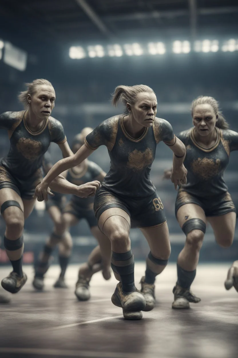 hyper violent ogre women soccer handball team in the Olympics in the style of Giger and fallout 4 ,,bokeh like f/0.8, tilt-shift lens 8k, high detail, smooth render, down-light, unreal engine