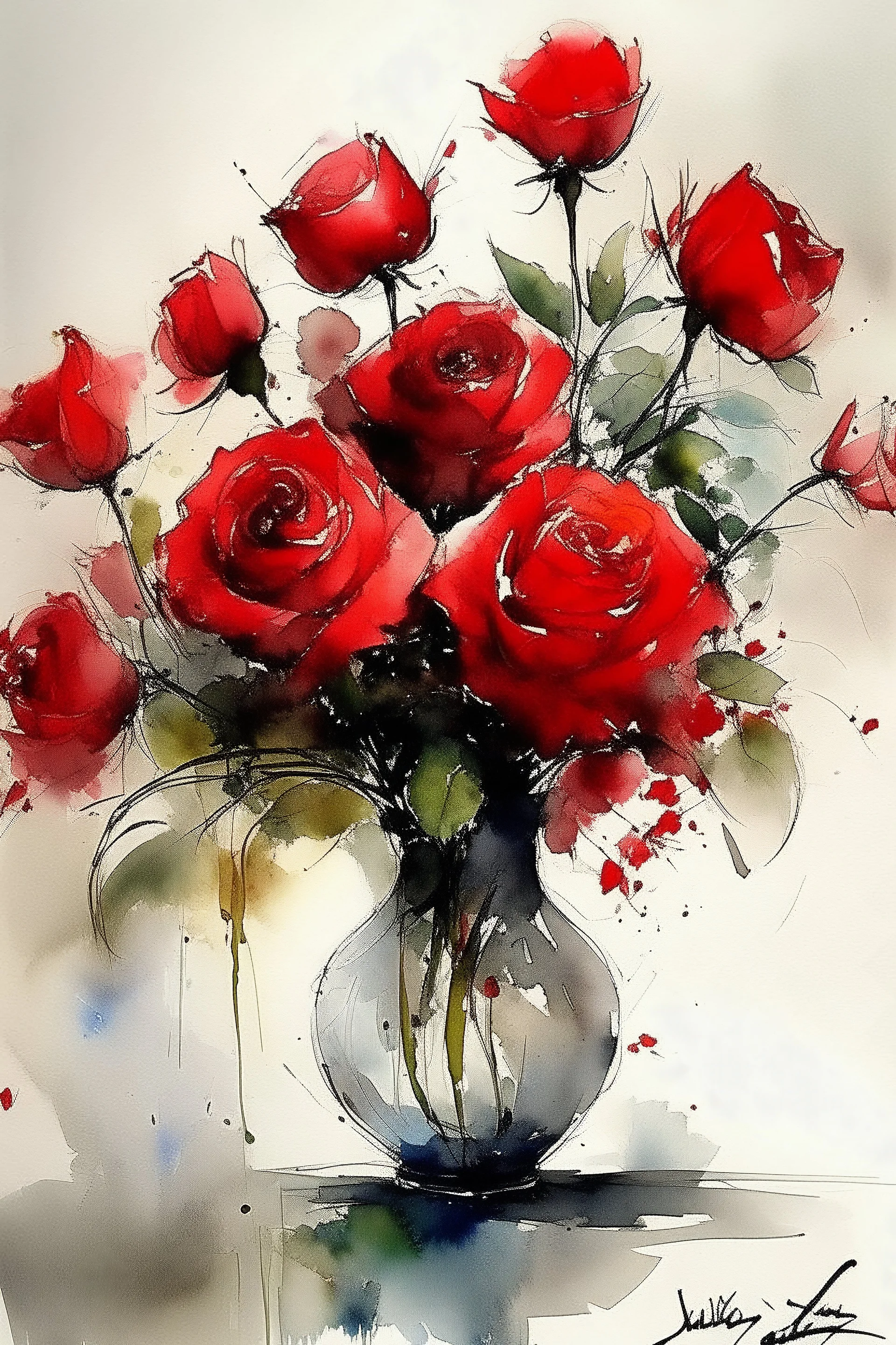 A watercolour and ink drawing of A vase of red roses in the style of artist John Lovett